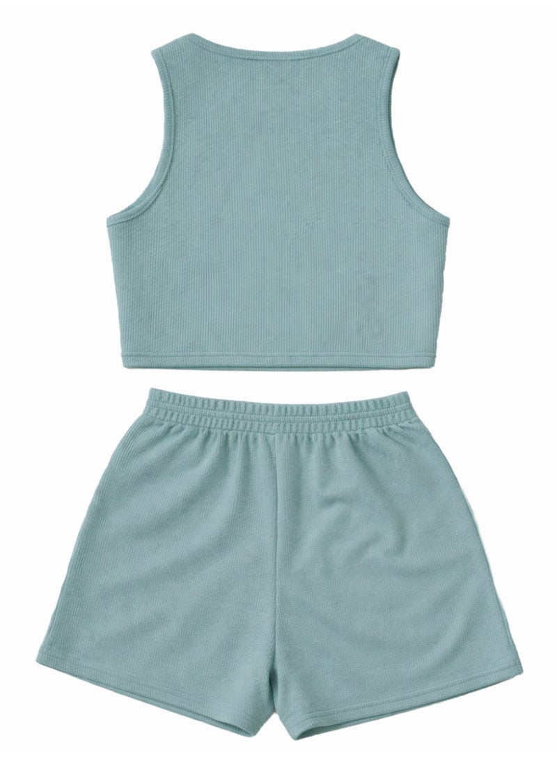 نايلتون طقم نسائي مكون من توب قصير مضلع وشورت عالي الخصر، مناسب للارتداء اليومي والرياضي - توب بياقة دائرية وشورت برباط - Image 3